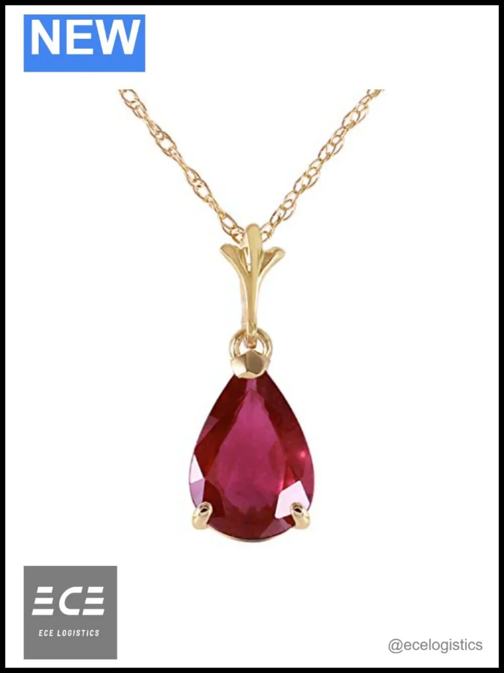 14K Solid Yellow Gold 1.75 Carat Lab-Created Ruby Pear Drop Pendant Necklace
